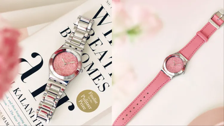 山茶花主題錶款與部分款式有金屬錶鍊與皮革錶帶2種選擇。品牌提供