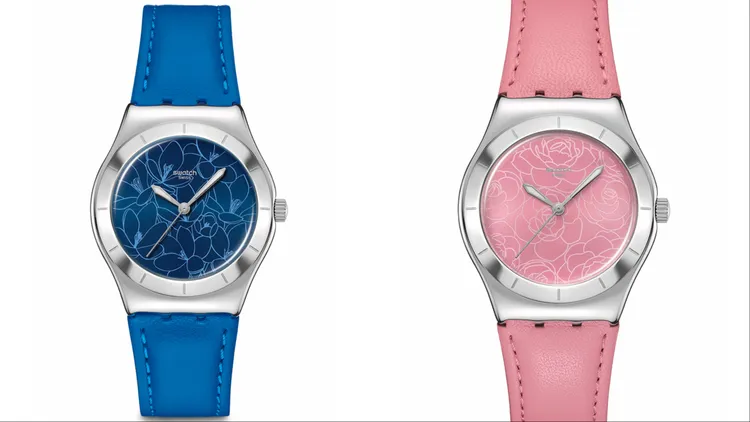 SWATCH BLOSSOM TIME系列皮革錶帶款，各4150元。品牌提供
