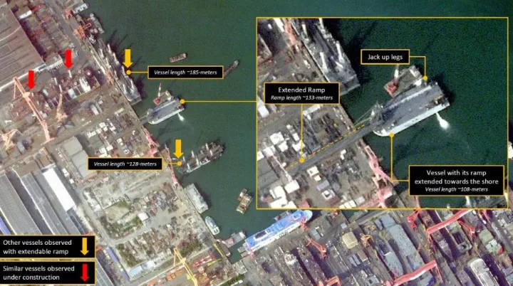 中方積極趕建新型駁船。翻攝 X@AllSourceA