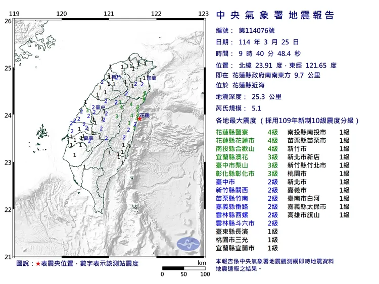 今（25日）上午9：40於花蓮縣政府南南東方9.7公里（位於花蓮縣近海）發生芮氏規模5.1地震。氣象署提供