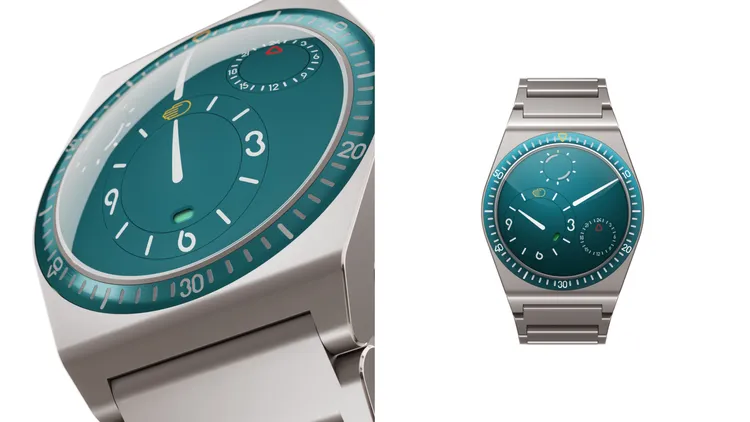 Ressence TYPE 7 XV Aquamarine腕錶，41mm，五級鈦合金錶殼，凸面五級鈦合金錶盤，五級鈦金屬錶帶（可另選皮革或橡膠錶帶），專利 ROCS 7自動上鍊機芯，動力儲存36小時，防水深度50米，限量80只，146萬9000元。品牌提供