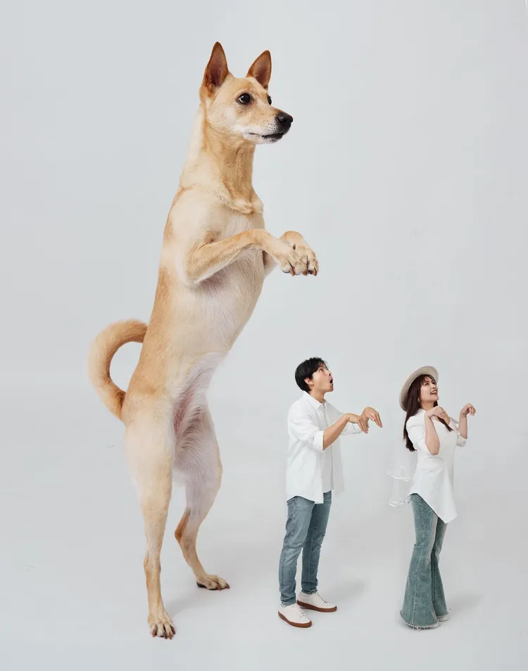 孫協志夫婦與愛犬模仿狐獴。翻攝孫協志臉書