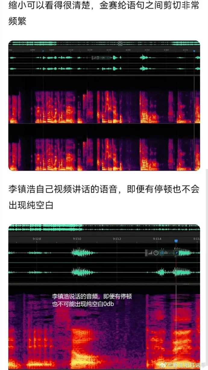 網友發現李鎮浩公開的音檔有頻繁剪接的痕跡。翻攝微博