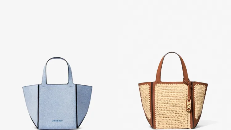 MICHAEL KORS Jordi丹寧藍小提包（左）1萬5000元、Jordi拉菲草小提（右）1萬4100元。品牌提供