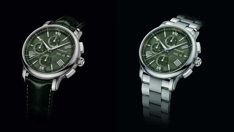 萬寶龍明星傳承系列星期日期顯示計時腕錶限量款，精鋼錶殼，綠色錶盤，綠色小牛皮鱷魚皮紋錶帶/精鋼錶鍊，MB25.07自動上鍊機械機芯，動力儲存48小時，防水深度50米，限量800只，10萬8800元至17萬4800元。品牌提供