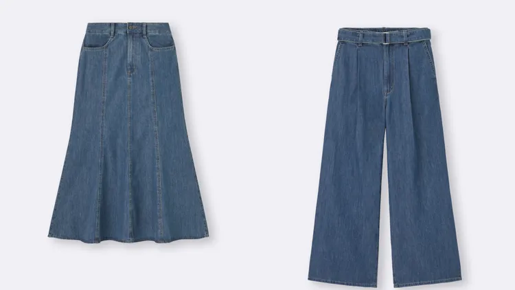 GU女裝型牛仔寬襬長裙（左）、附腰帶輕型牛仔寬褲（右），各990元。品牌提供