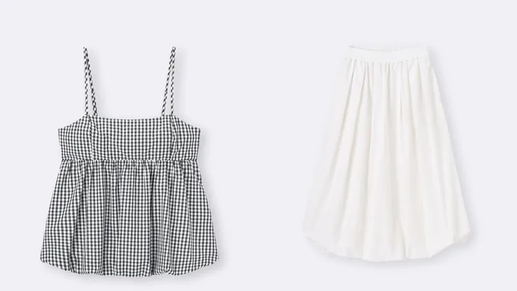 GU女裝泡泡細肩帶背心（左）690元、女裝泡泡中長裙（右）890元。品牌提供