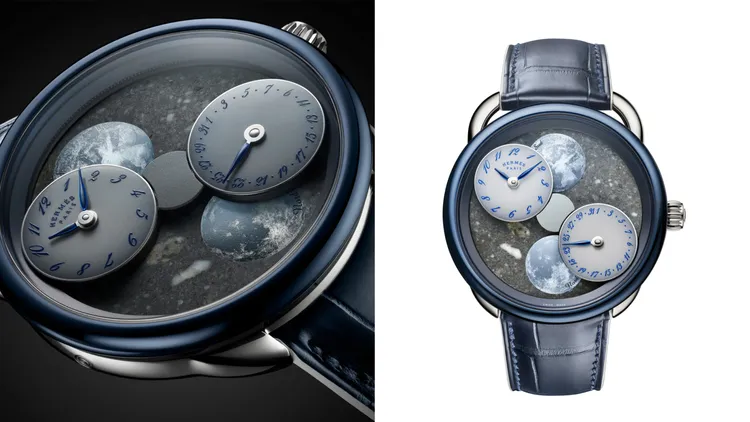 愛馬仕Arceau L’heure de la lune月讀時光腕錶，43mm，白K金錶殼，月球隕石錶盤，霧面深海藍色短吻鱷魚皮錶帶，愛馬仕自製H1837自動上鍊機械機芯，動力儲存45小時，防水深度30米，採三件式套裝販售，共限量12套。品牌提供