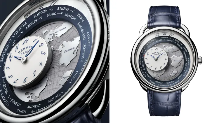 愛馬仕Arceau Le temps voyageur漫遊時光腕錶，41mm，白K金錶殼，灰藍色漆面錶盤，霧面深藍色短吻鱷魚皮錶帶，愛馬仕自製H1837自動上鍊機械機芯，動力儲存45小時，防水深度30米。品牌提供