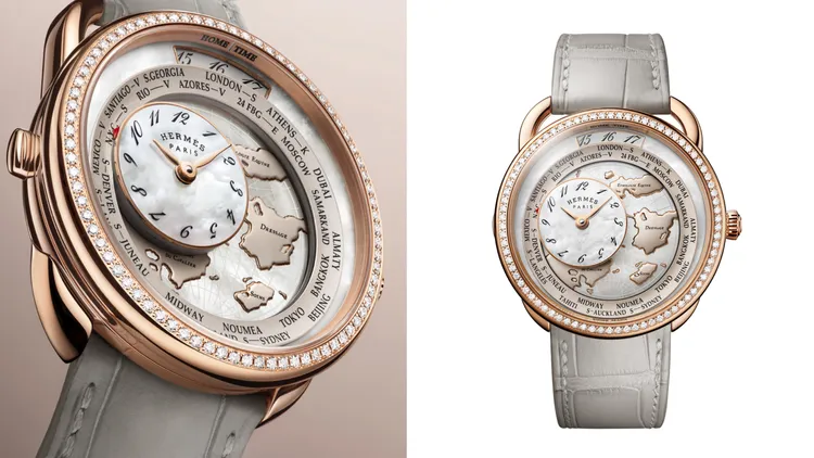 愛馬仕Arceau Le temps voyageur漫遊時光腕錶，41mm，玫瑰金錶殼，白色珍珠母貝錶盤，霧面珍珠灰色短吻鱷魚皮錶帶，愛馬仕自製H1837自動上鍊機械機芯，動力儲存45小時，防水深度30米。品牌提供