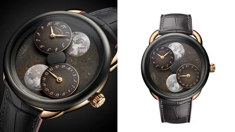 愛馬仕Arceau L’heure de la lune月讀時光腕錶，43mm，玫瑰金錶殼，Vesta灶神星隕石錶盤，霧面石墨色短吻鱷魚皮錶帶，愛馬仕自製H1837自動上鍊機械機芯，動力儲存45小時，防水深度30米，採三件式套裝販售，共限量12套。品牌提供