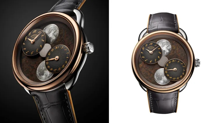 愛馬仕Arceau L’heure de la lune月讀時光腕錶，43mm，白K金錶殼，Erg Chech無球粒隕石錶盤，霧面石墨色短吻鱷魚皮錶帶，愛馬仕自製H1837自動上鍊機械機芯，動力儲存45小時，防水深度30米，採三件式套裝販售，共限量12套。品牌提供