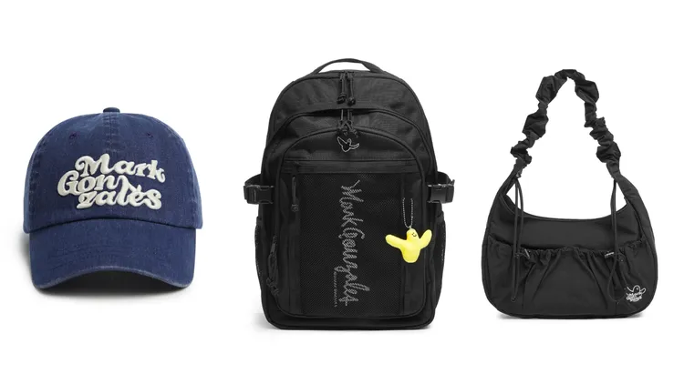 Mark Gonzales LOGO棒球帽（左起）1580元、STREET後背包3980元、小天使娃娃HOBO斜背包2480元。品牌提供