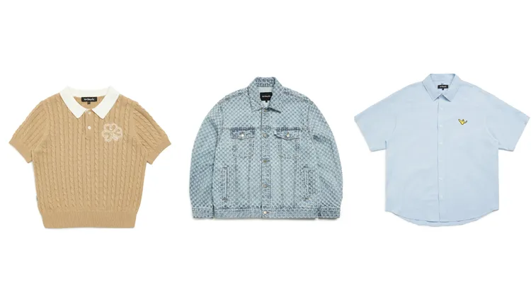 Mark Gonzales刺繡花朵短袖立領針織上衣（左起）3080元、滿版印花牛仔外套5980元、小天使布章短袖襯衫2580元。品牌提供