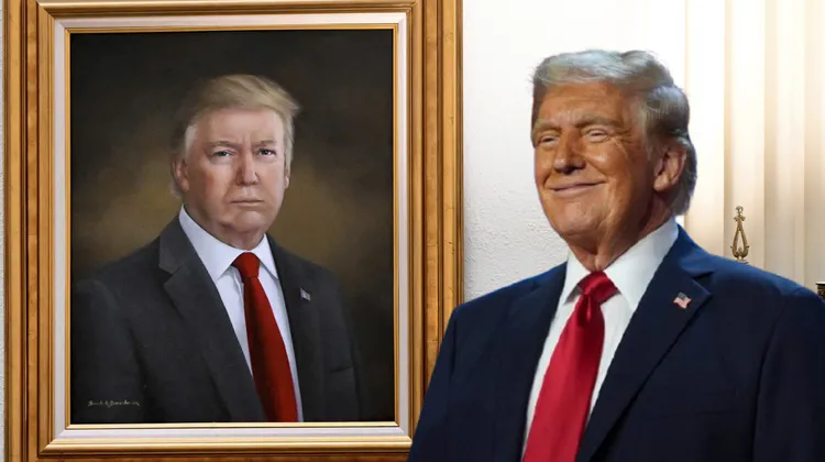 網友對於川普的肖像畫（左）是否像川普本人，意見不一。合成畫面。美聯社