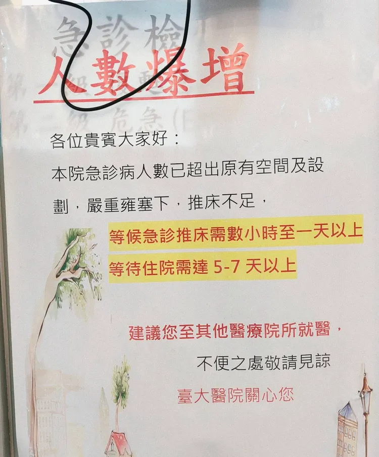 連醫療龍頭台大醫院的急診都貼出公告，說明病患人數暴增很難等到病床和病房。立委提供