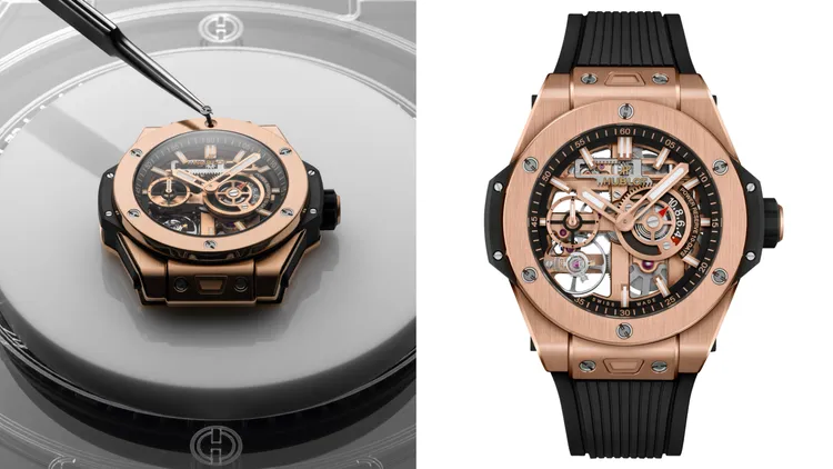 Hublot Big Bang Meca-10十日鍊腕錶，42mm，緞面及拋光18K皇金錶殼，啞光黑色與鏤空設計錶盤，黑色立體刻紋橡膠錶帶，HUB1205 手動上鍊機芯，動力儲存10日，防水深度100米，132萬1000元。品牌提供