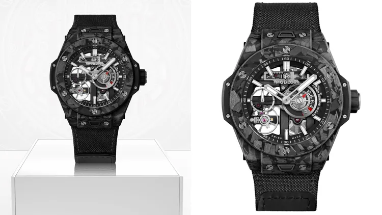 Hublot Big Bang Meca-10十日鍊腕錶，42mm，超微噴沙黑色碳纖維錶殼，啞光黑色與鏤空設計錶盤，黑色立體刻紋橡膠錶帶，HUB1205 手動上鍊機芯，動力儲存10日，防水深度100米，84萬6000元。品牌提供