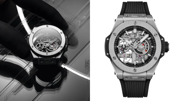 Hublot Big Bang Meca-10十日鍊腕錶，42mm，緞面及拋光鈦金屬錶殼，啞光黑色與鏤空設計錶盤，黑色立體刻紋橡膠錶帶，HUB1205 手動上鍊機芯，動力儲存10日，防水深度100米，71萬元。品牌提供