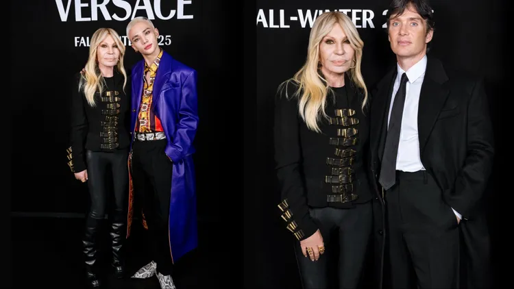 VERSACE創意總監Donatella Versace（左圖左、右圖左）與鉉辰、席尼墨菲合影。翻攝Donatella Versace  IG