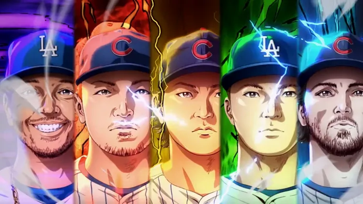 貝茲（左起）、鈴木誠也、今永昇太、山本由伸、史瓦森也變成動畫人物。翻攝aniplex YT