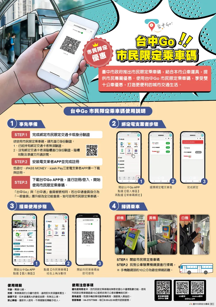 台中市民限定乘車碼操作說明。市府提供