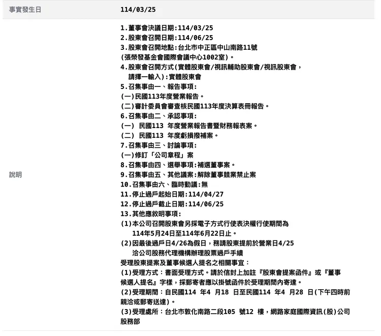 PChome預計將於6/25舉辦股東會。翻攝證交所公開資訊觀測站