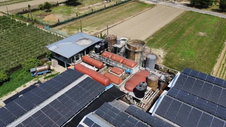 阿蓮區志賢畜牧場糞尿水處理系統與沼氣發電系統空拍圖。農業局提供