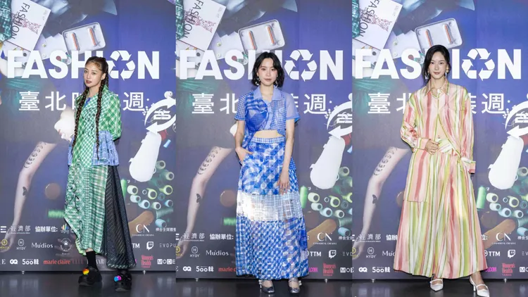 吳映潔（左起）、程予希穿著Claudia Wang服裝，鍾瑶則換上UUIN服裝。臺北時裝周提供