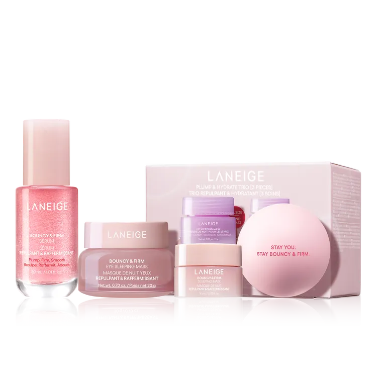 蘭芝母親節超能膠原澎彈組，包含30ml粉澎潤膠原水光精華、20g粉澎潤膠原亮眼膜、10ml粉澎潤睡美人晚安面膜、3g睡美人晚安唇膜甜心糖果、澎澎粉紅彈力紓壓球，2700元。品牌提供