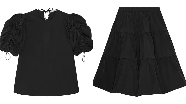 Cecilie Bahnsen黑色泡泡袖上衣（左）2萬1800元、黑色層次感長裙（右）2萬5500元。品牌提供