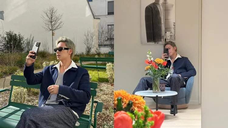 他在巴黎的系列照片都把帥臉遮住。翻攝珉奎IG