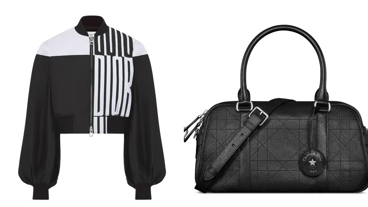 DIOR Graphique黑白圖騰飛行員夾克（左）18萬元、D-Vibe保齡球包中型款（右）11萬5000元。品牌提供