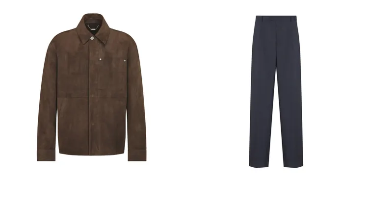 DIOR咖啡棕麂皮羊皮外套（左）37萬、海軍藍喀什米爾法蘭絨長褲（右）11萬元。品牌提供
