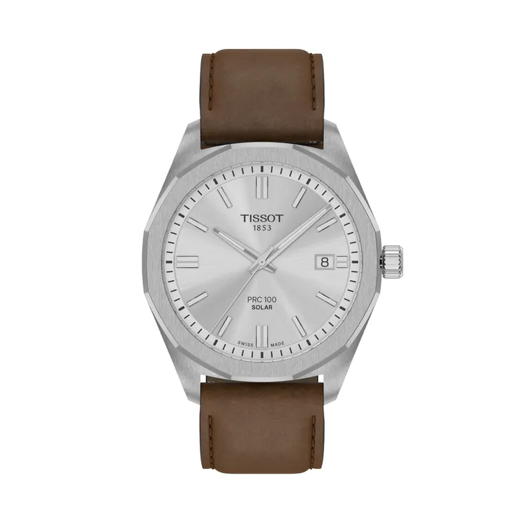 天梭PRC 100 Solar太陽能腕錶 極致銀面盤皮帶款，1萬4000元。品牌提供