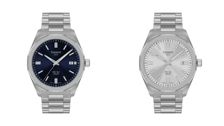 天梭PRC 100 Solar太陽能腕錶 午夜藍面盤鍊帶款（左）、極致銀面盤鍊帶款（右），各1萬5500元。品牌提供