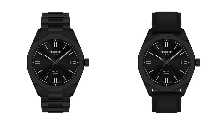 天梭PRC 100 Solar太陽能腕錶 夜空黑面盤全黑PVD鍊帶款（左）1萬6900元、夜空黑面盤皮帶款（右）1萬4700元。品牌提供