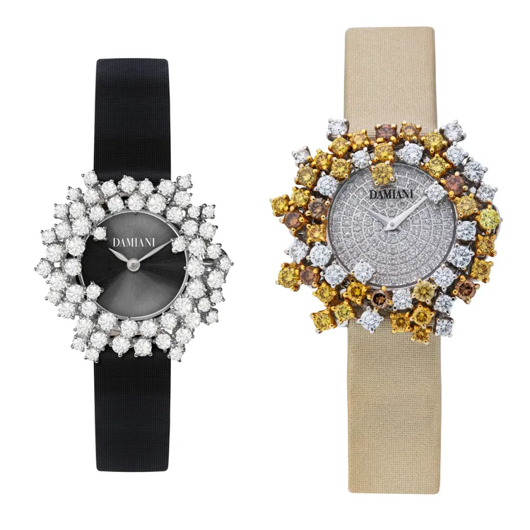 DAMIANI大師傑作Mimosa 18K白金鑽錶（左圖）108萬元、18K白金全鑽鑽錶（右圖）102萬元。