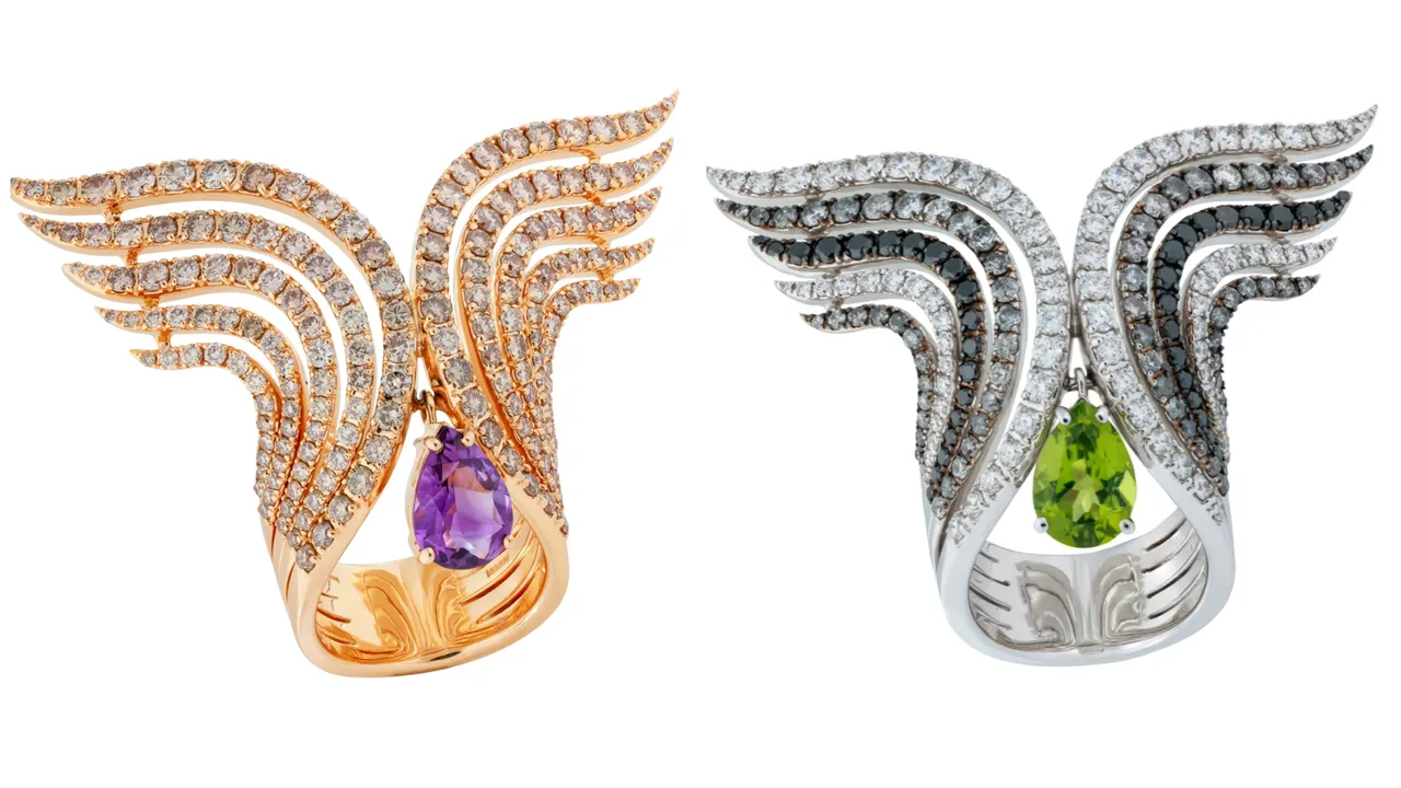 DAMIANI大師傑作Swan系列18K玫瑰金紫水晶鑽石戒指(左圖)85萬4000元、18K白金橄欖石鑽石戒指(右圖)88萬8000元。品牌提供