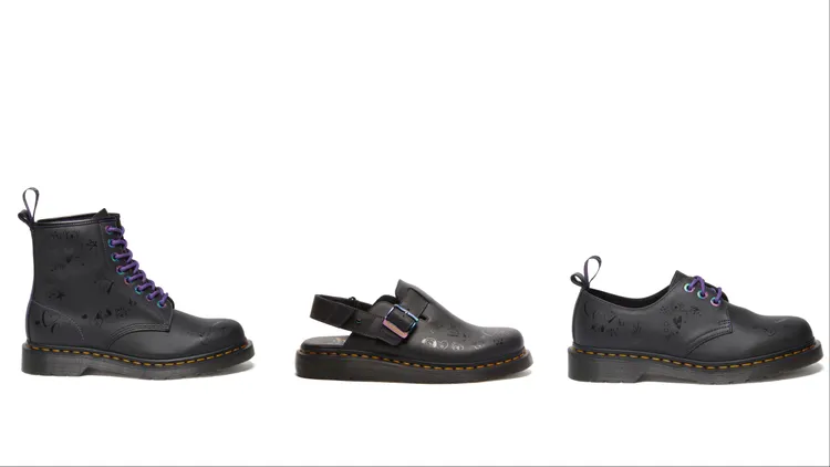「 Dr. Martens x BT21」1460八孔馬汀靴（左起）9480元、Jorge穆勒鞋7880元、1461三孔馬汀鞋8480元。品牌提供