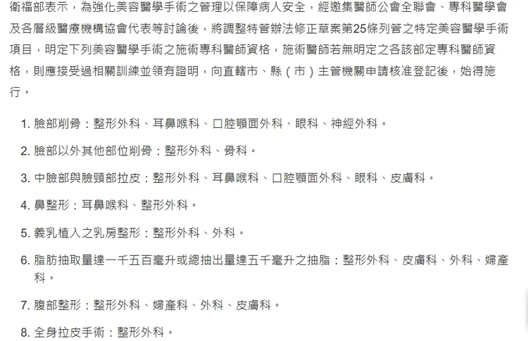 衛服部有明文對醫美、整形診所麻醉師的資個規定。翻攝自衛服部官網