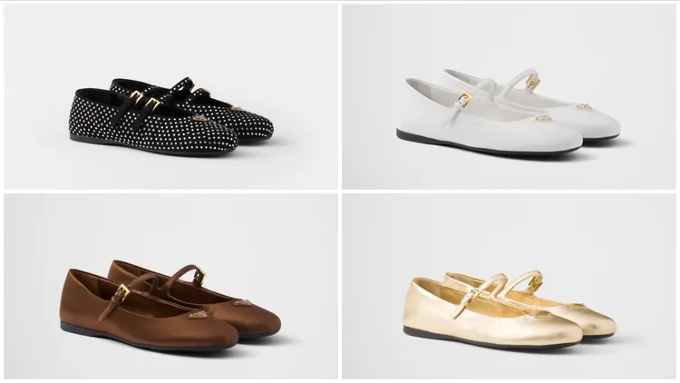 Prada水鑽裝飾芭蕾舞平底鞋未定價、白色漆皮芭蕾舞平底鞋3萬5500元、咖啡色緞面芭蕾舞平底鞋未定價、金色芭蕾舞平底鞋未定價。品牌提供