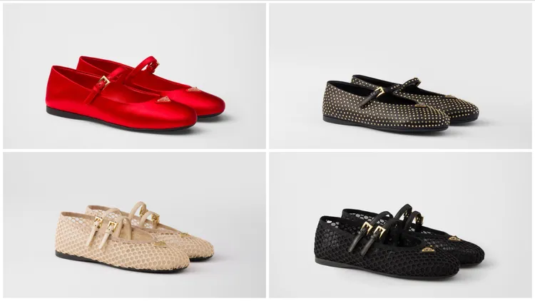 PRADA紅色緞面芭蕾舞平底鞋未定價、納帕皮革飾釘芭蕾舞平底鞋未定價、膚色網紗芭蕾舞平底鞋3萬4500元、黑色網紗芭蕾舞鞋未定價。品牌提供