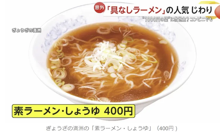 滿州餃子推出的400日圓無配料拉麵。翻攝自FNN