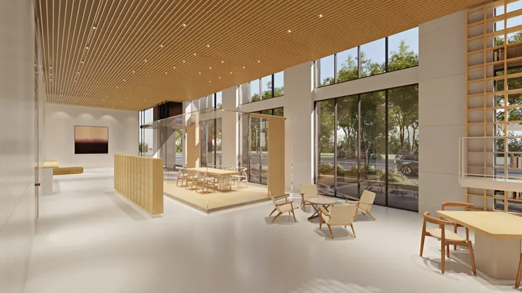 「坐忘林」公設規劃導入大量原木設計，由國寶建築師毛森江操刀。福裕提供