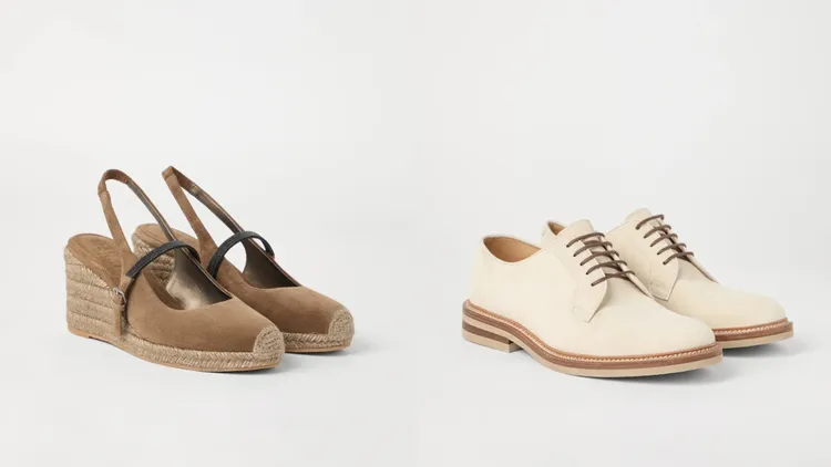 Brunello Cucinelli棕色貴金屬繫帶坡跟草編涼鞋（左）5萬1500元、Brunello Cucinelli米色絨面革德比鞋（右）4萬4400元。品牌提供