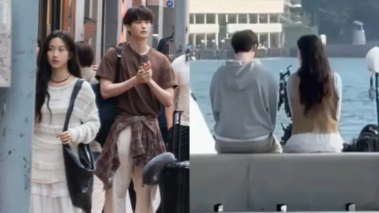 李鍾碩（左圖右、右圖左）、文佳煐（左圖左、右圖右）日前被發現在香港拍攝《瑞草洞》。翻攝論壇