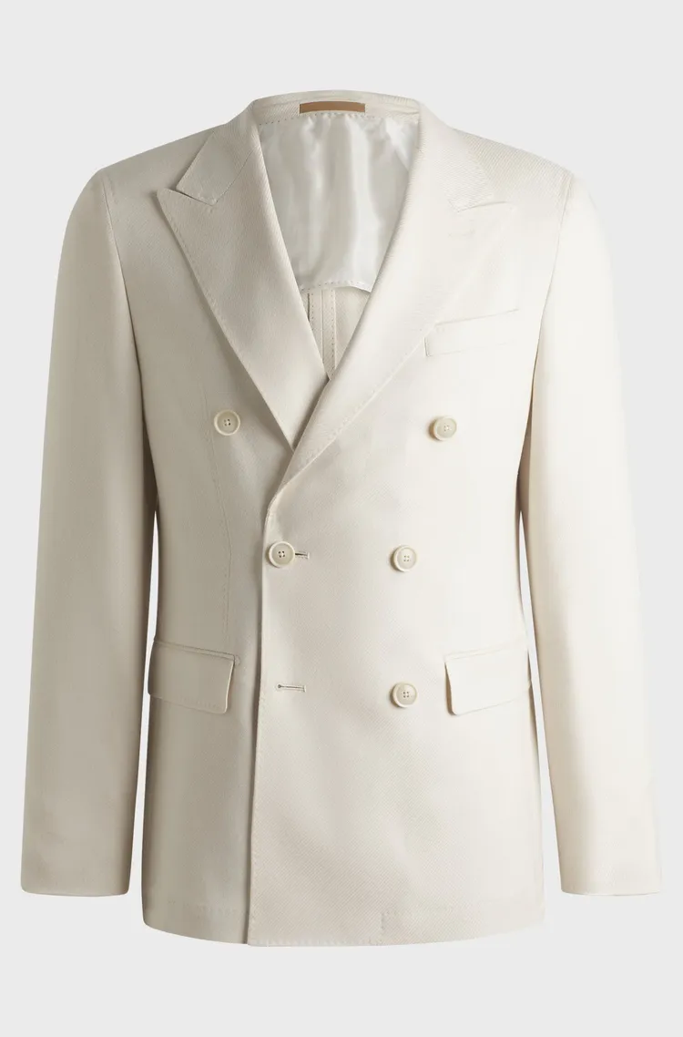 BOSS頂級系列白色喀什米爾真絲混紡雙排扣西裝外套，4萬4900元。品牌提供