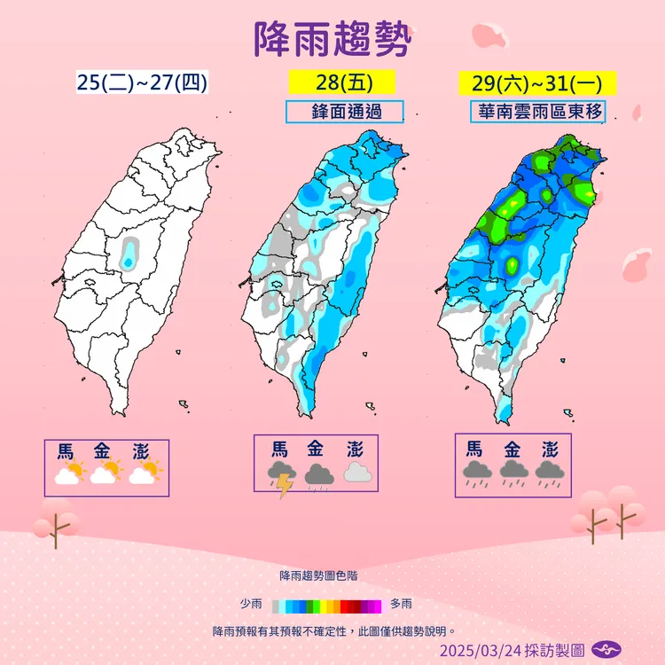 一週（3月25日至31日）降雨預測。中央氣象署提供