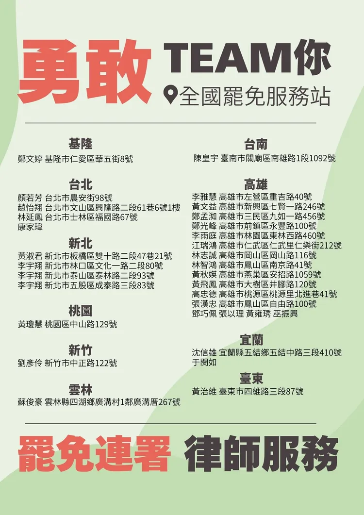 此次公布的「罷免服務站」共27處，涵蓋基隆、雙北、桃園、新竹、雲林、台南、高雄、宜蘭及台東等地。湧言會提供